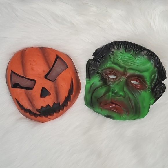Vintage 90s Latex Halloween Masks Jack-o-lantern Pumpkin Frankenstein Monster 2 - Picture 1 of 15